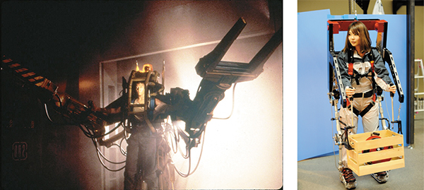 映画「エイリアン2」に登場した重量物を運搬するパワーローダー。映画では、これを搭乗した主人公が危険な宇宙生物「エイリアン」と一対一で格闘する（写真左）20世紀フォックスホーム エンターテイメント ジャパン／エイリアン2 ブルーレイ発売中 ￥2,381（税抜き）。 装着すれば、人間の筋力をアップできる「パワーアシストスーツ」（写真右）。